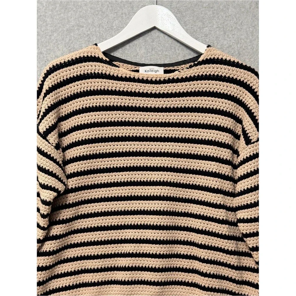 Kaileigh Striped Crochet Sweater Size Small Black Tan 100% Cotton Boxy Fit